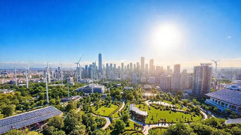 Ciudad sostenible con tecnología y naturaleza en armonía