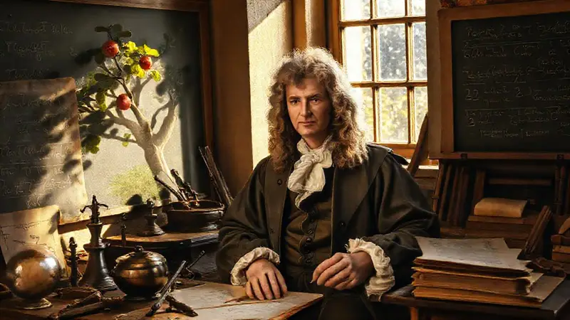 Newton rodeado de ciencia y naturaleza