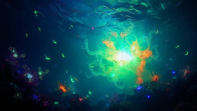 Creaturas bioluminescentes iluminan el océano oscuro