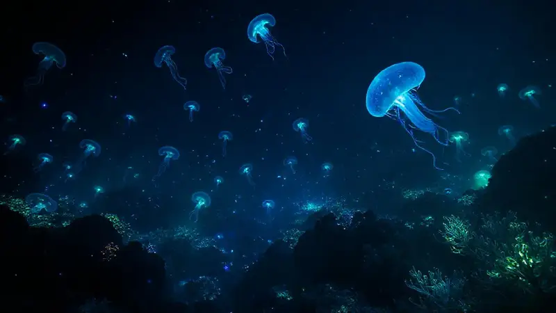 Creaturas bioluminiscentes iluminan un océano oscuro
