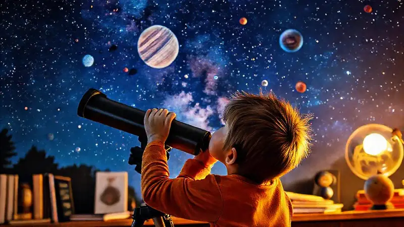 Niño observa estrellas con asombro y curiosidad