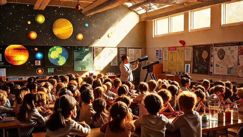 Aula luminosa con estudiantes explorando ciencia