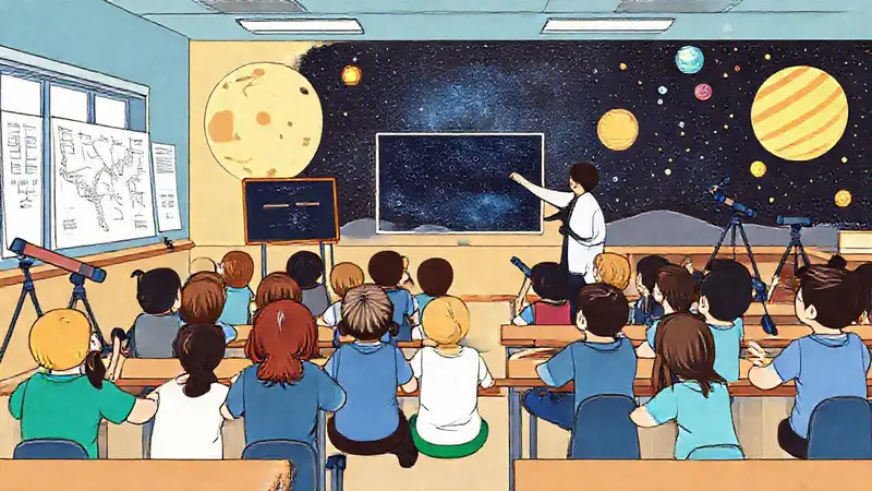 Aula vibrante con estudiantes y telescopios