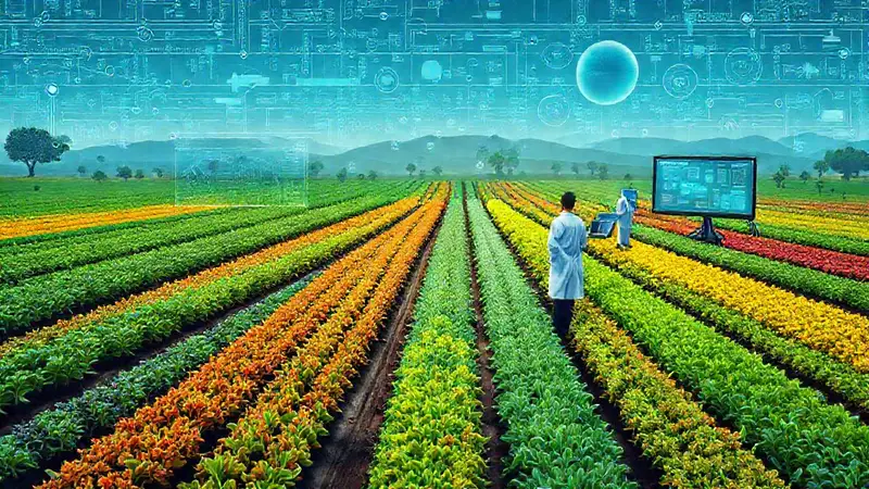 Paisaje agrícola futurista con tecnología y ética