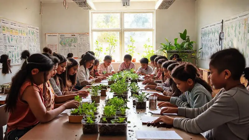 Aula activa con estudiantes y plantas diversas