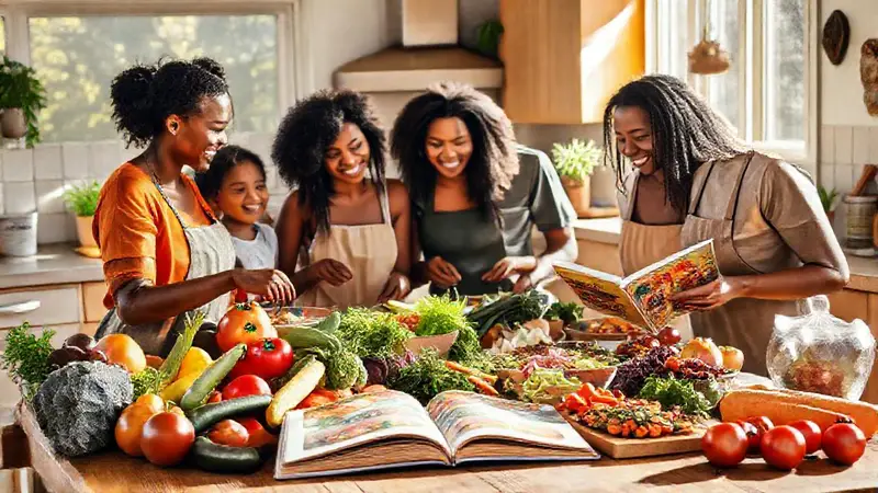 Familia feliz cocina junta en ambiente saludable