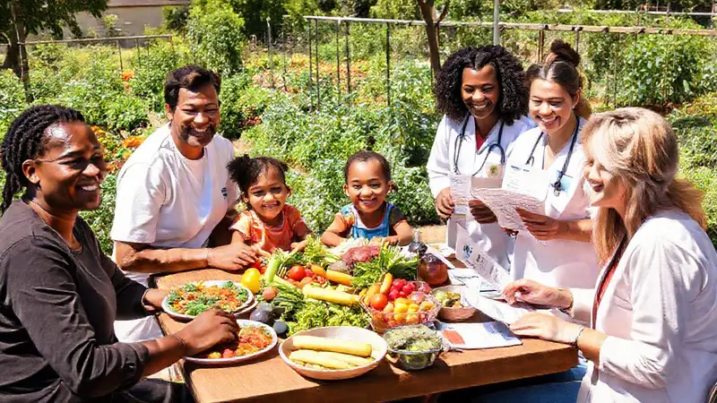 Comunidad disfrutando de comida saludable y alegría