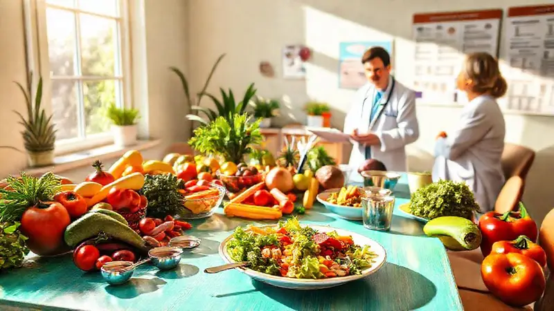 Mesa colorida con alimentos y consejos nutritivos