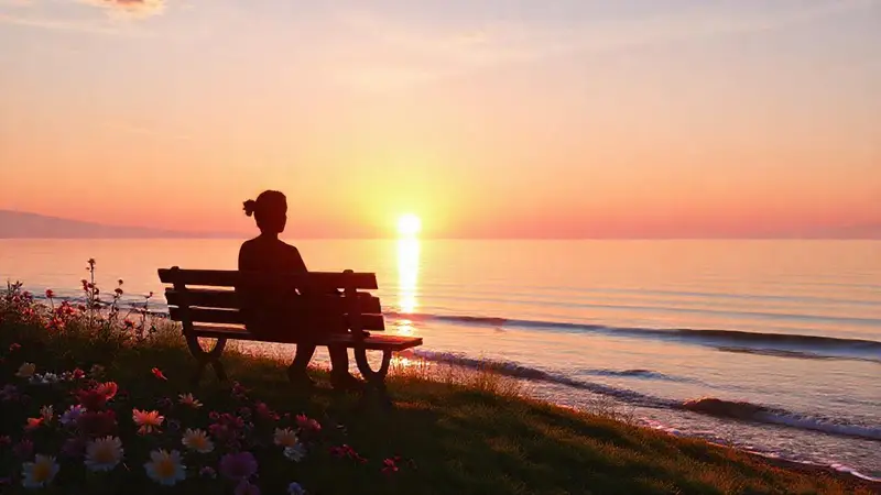 Amanecer sereno con figura y flores
