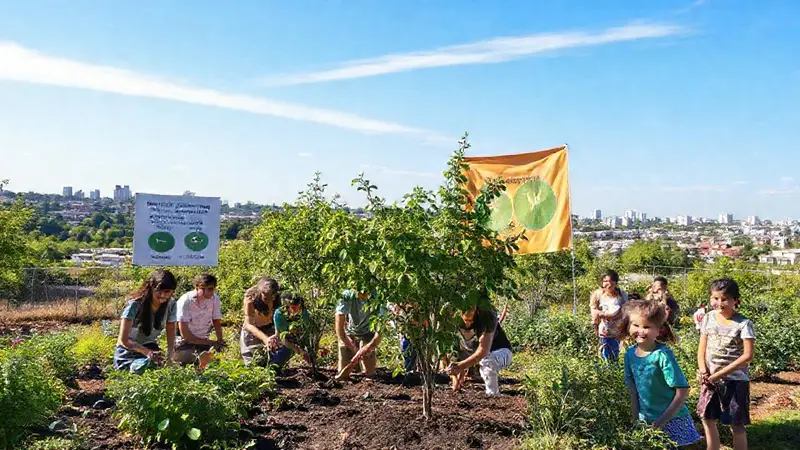 Grupo diverso planta árboles en comunidad sostenible