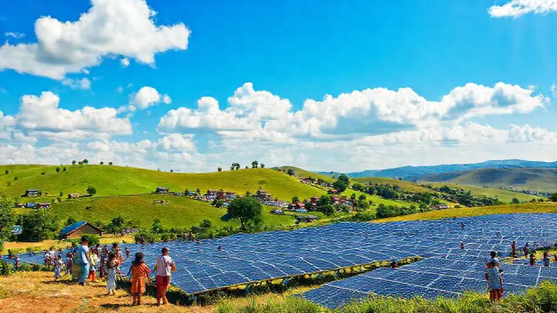 Granja solar en vibrante comunidad con niños