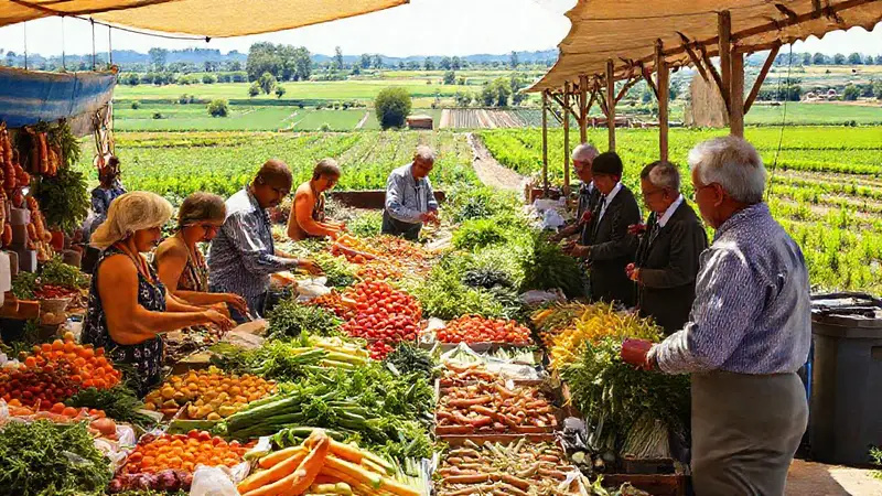 Mercado animado con agricultores y comunidad diversa