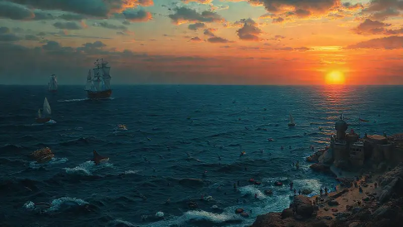 Océano, barcos antiguos y exploradores al atardecer