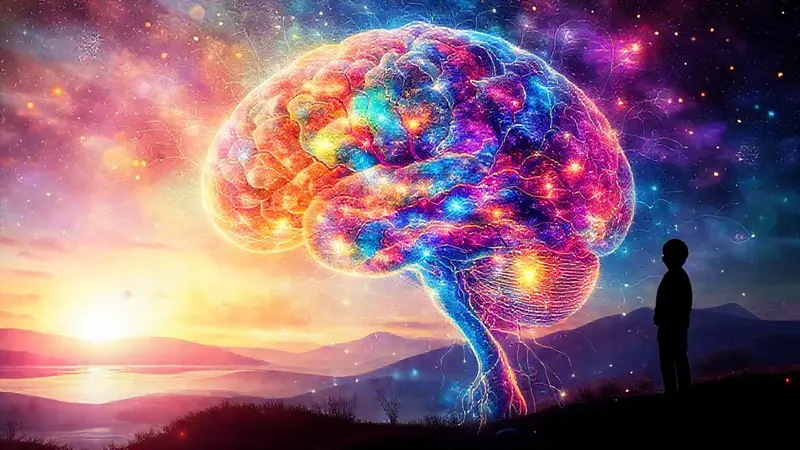 Cerebro colorido y emocional en paisaje sereno