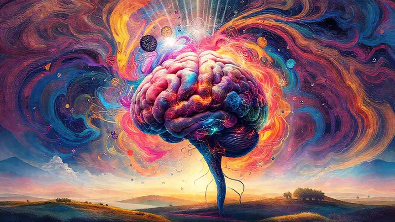 Cerebro vibrante rodeado de colores y luz