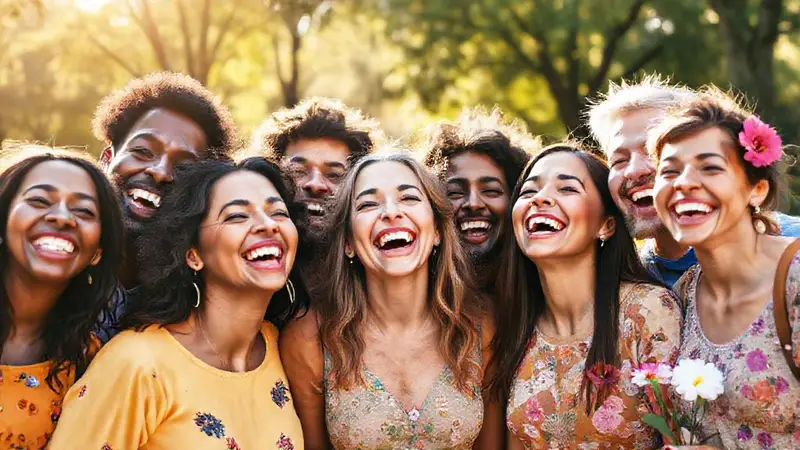 Grupo diverso sonriente en un parque alegre