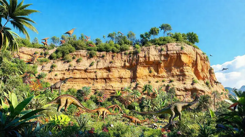 Dinosaurios y plantas en un paisaje prehistórico