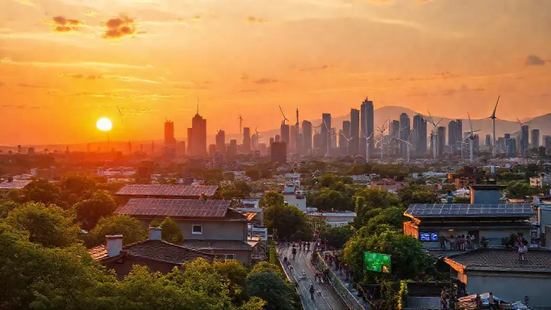 Ciudad sostenible al atardecer con tecnología avanzada