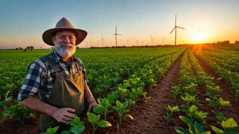 Granja sostenible con cultivos y comunidad unida