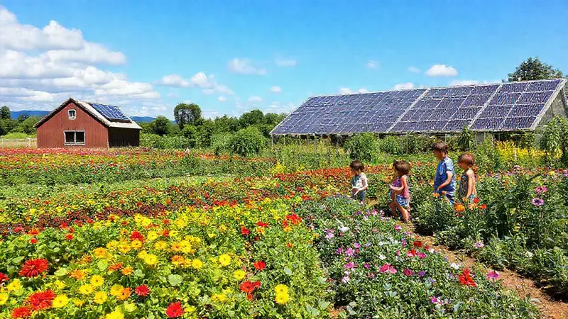 Un campo vibrante con agricultura sostenible y educación