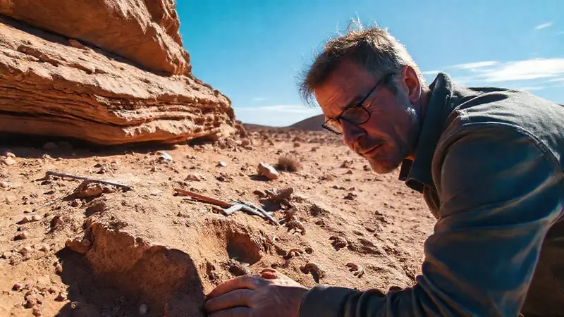 Paleontólogo excava fósiles en el desierto
