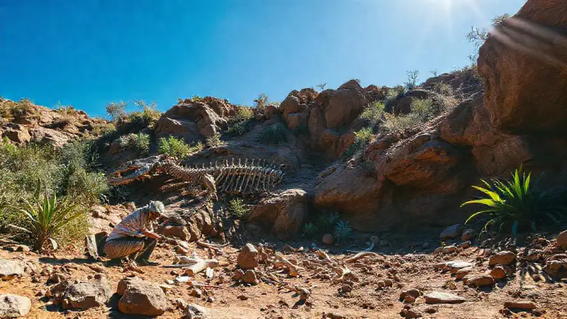 Paleontólogo excava fósiles de dinosaurio bajo el sol