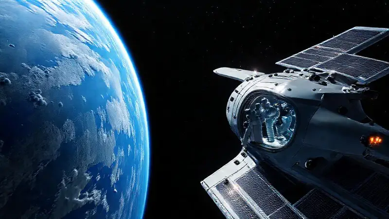Nave espacial futurista observa la Tierra desde arriba