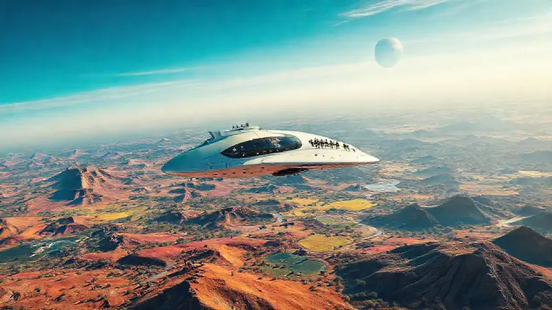 Nave futurista explora un paisaje alienígena vibrante