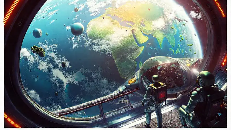 Turismo espacial futurista con contraste ambiental