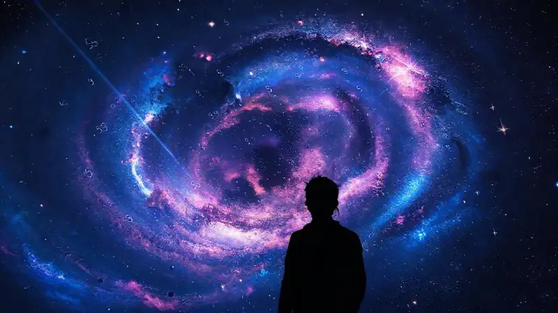 Galaxia colorida con una persona maravillada