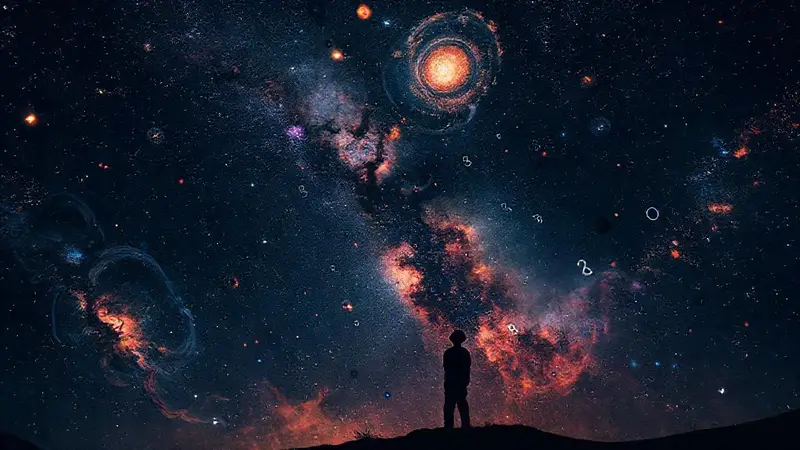 Cielo estrellado con galaxias y figuras contemplativas