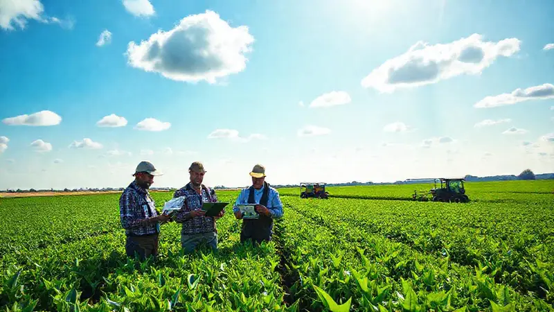 Agricultores analizan datos en campos verdes