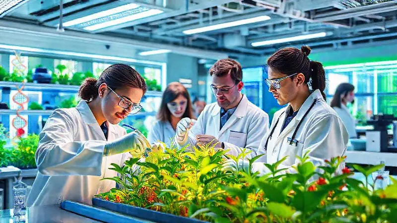 Laboratorio futurista con científicos y ética genética