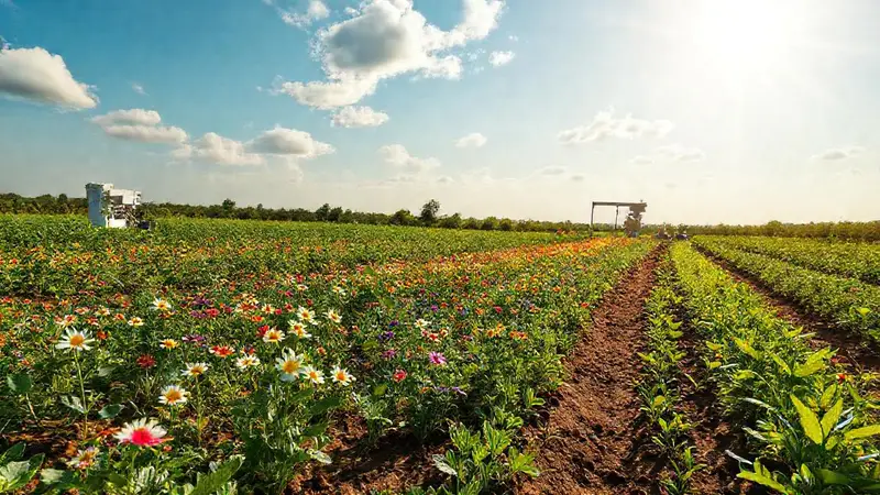 Campo agrícola vibrante con cultivos modificados