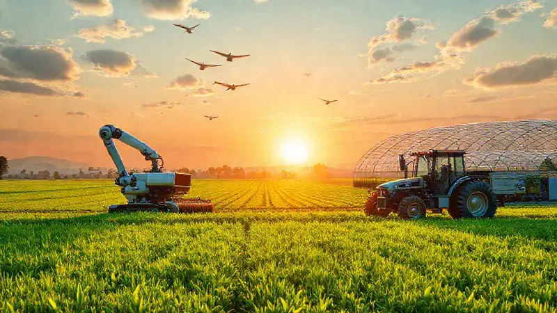 Granja futurista con tecnología y naturaleza