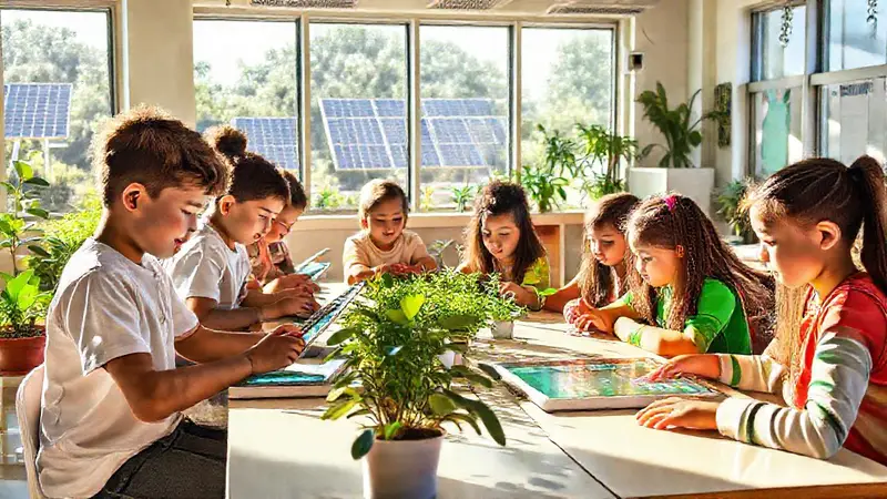 Aula vibrante con estudiantes y tecnología verde