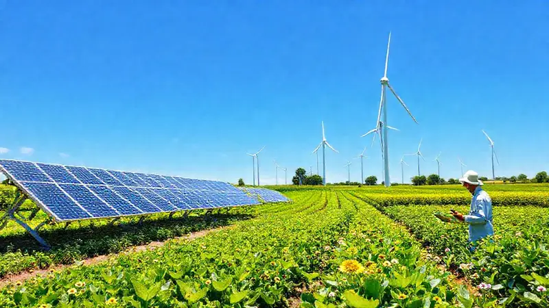 Granja moderna con energías sostenibles y cultivos