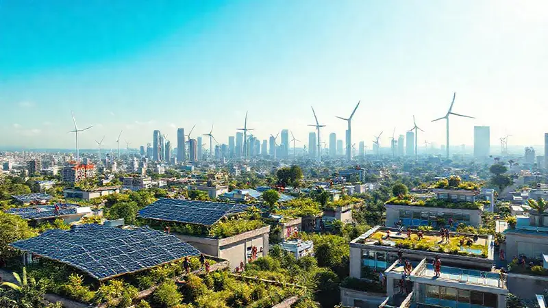 Ciudad futurista con energía renovable y naturaleza