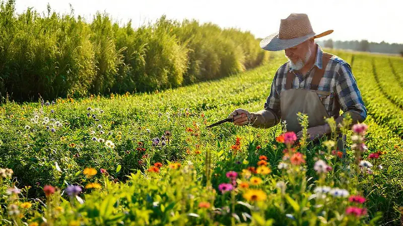 Un agricultor revisa cultivos con herramientas innovadoras