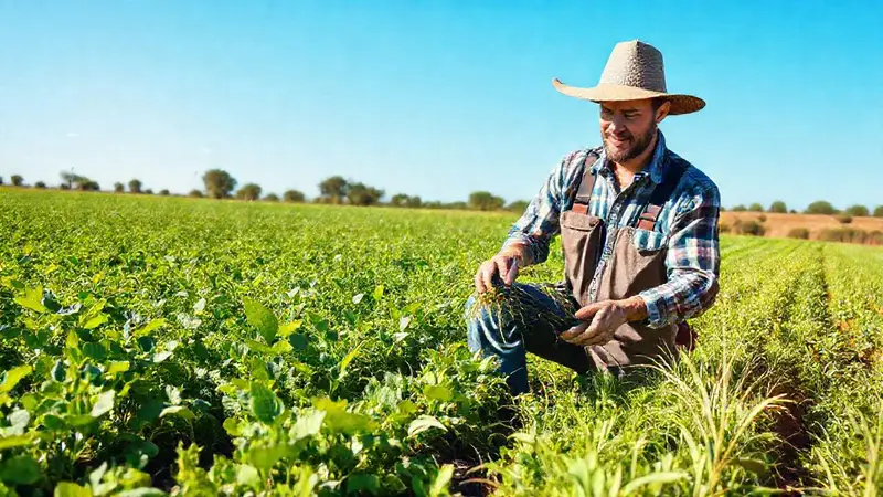Agricultor innovador en campo sostenible y tecnológico