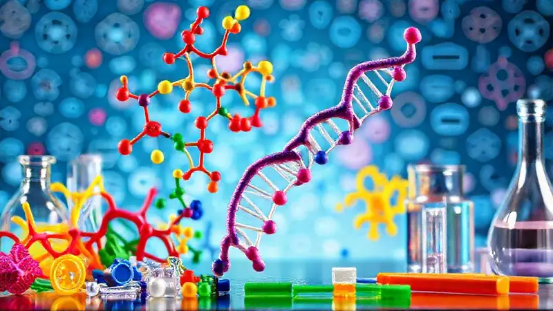 Estructuras moleculares coloridas y elementos científicos
