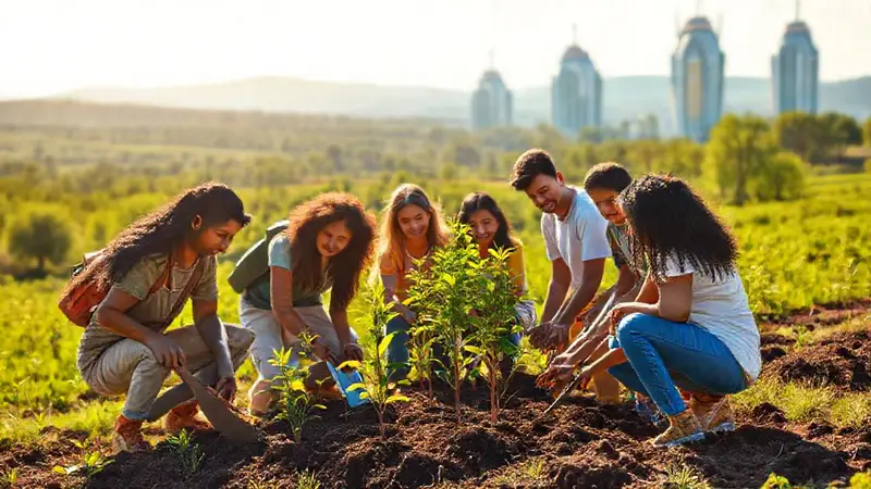 Grupo diverso planta árboles en un paisaje