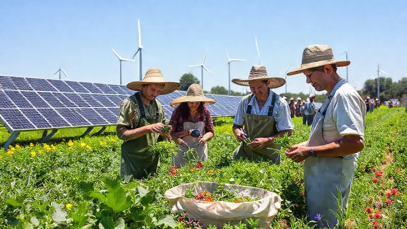 Agricultores sostenibles con paneles solares y turbinas
