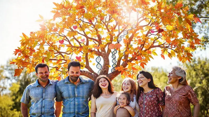 Árbol familiar vibrante en un paisaje soleado