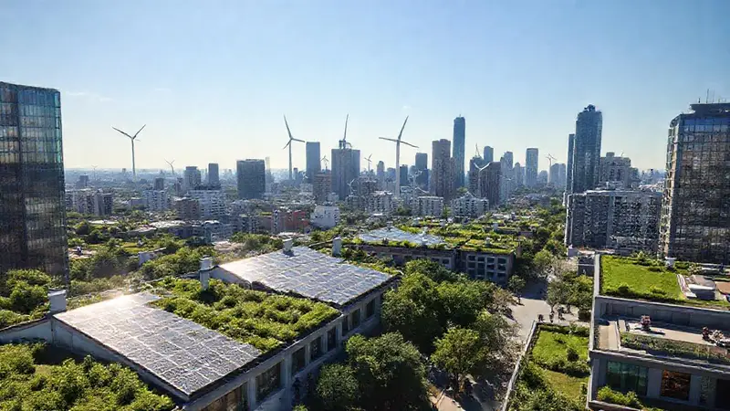 Ciudad sostenible con techos verdes y energía renovable