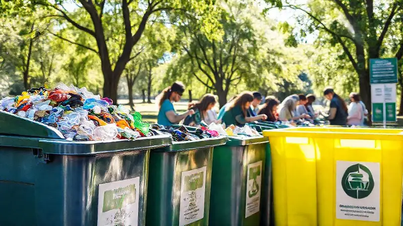 Comunidad diversa reciclando en un parque luminoso
