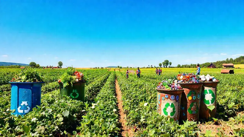 Campo próspero con agricultura sostenible y colaboración