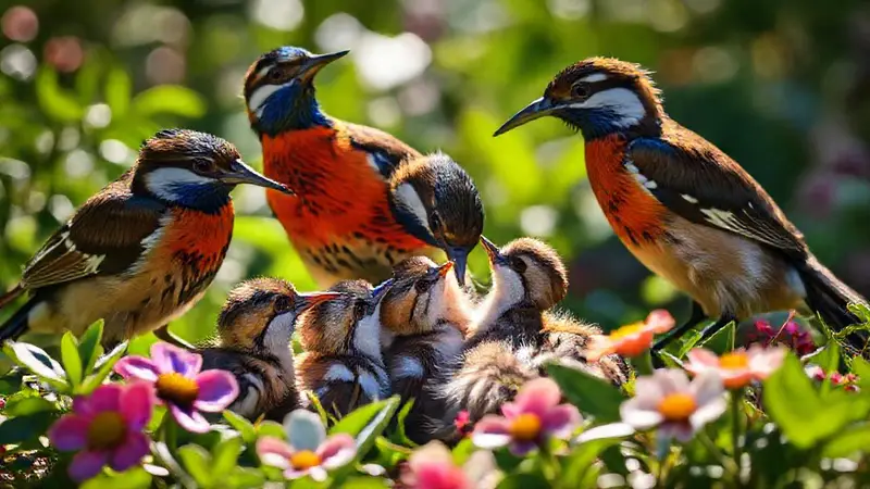 Pájaros alimentan a sus crías en un entorno verde