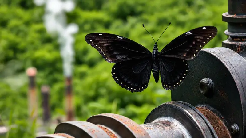 Mariposa negra sobre maquinaria en contraste