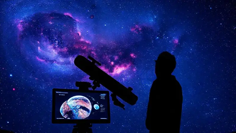 Científico observa galaxias y datos de exoplanetas
